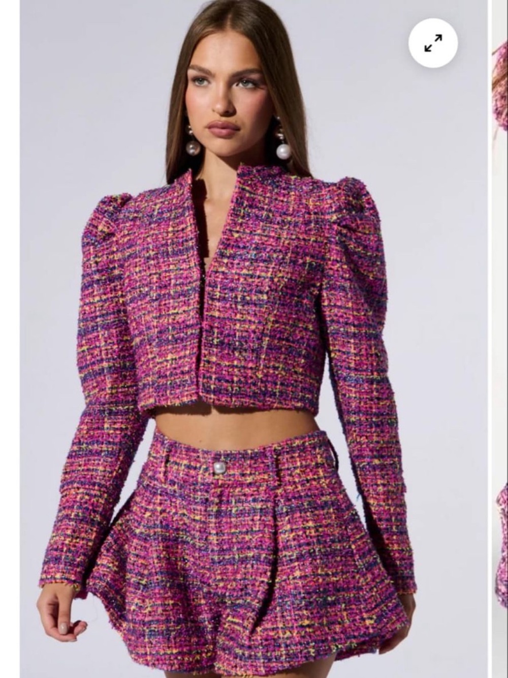 AKIRA Pink Multi Tweed Cropped Pleated Mini Skirt Set